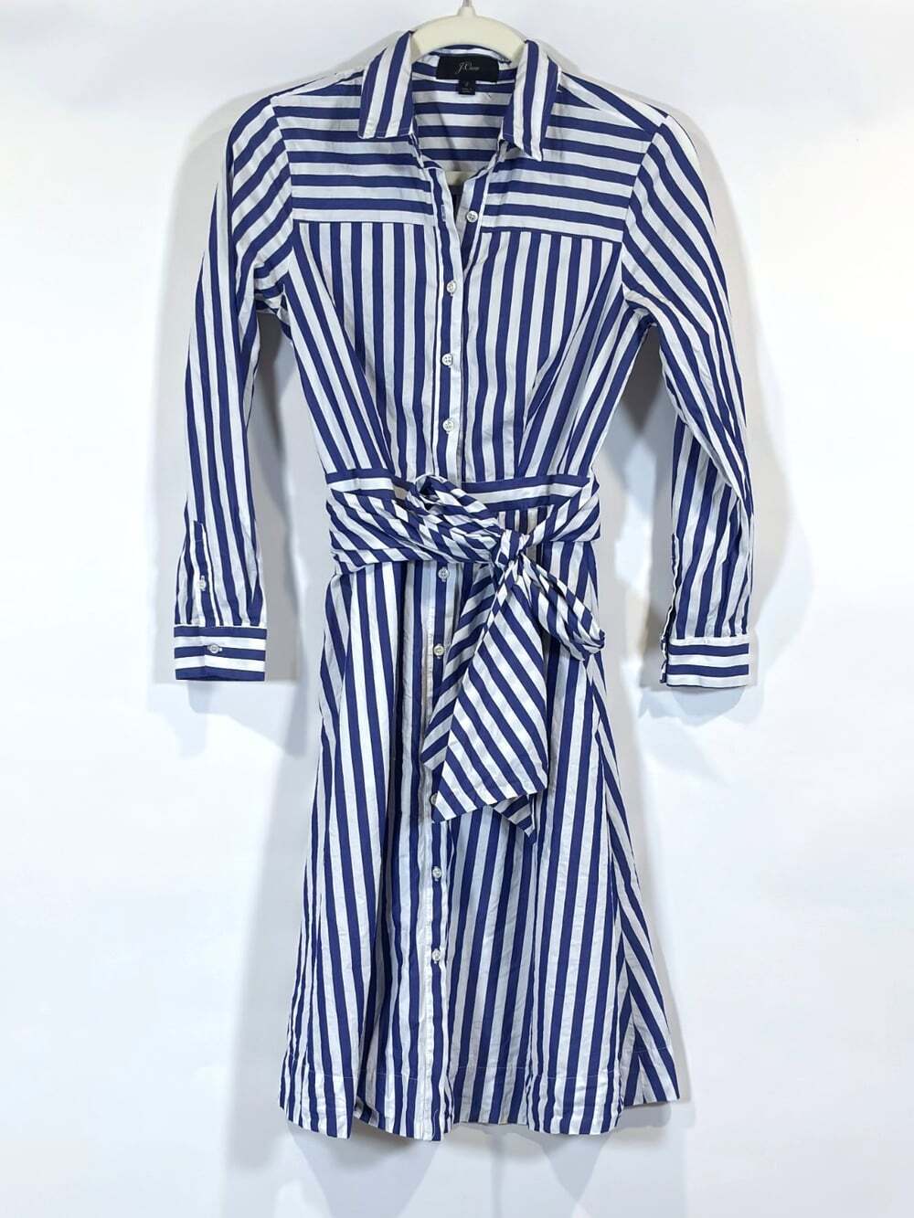J Crew Tie Waist Shirt Dress Nautical Stripe Blue White - Size 2